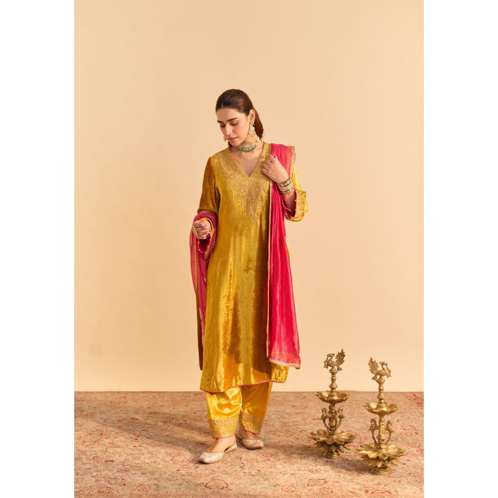 Sheetal Batra Aynaz Mustard Velvet Embroidered Kurta With Salwar and Dupatta