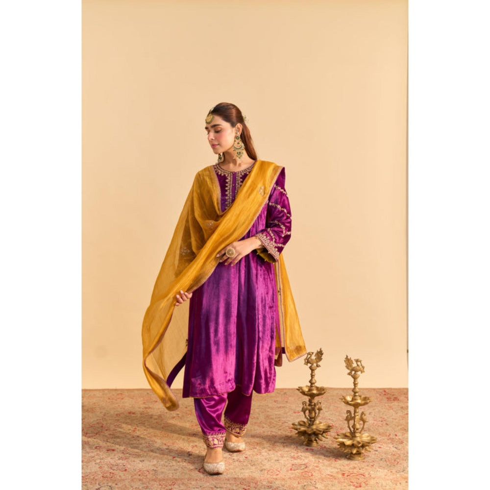 Sheetal Batra Azmiya Purple Velvet Embroidered Kurta With Salwar and Dupatta