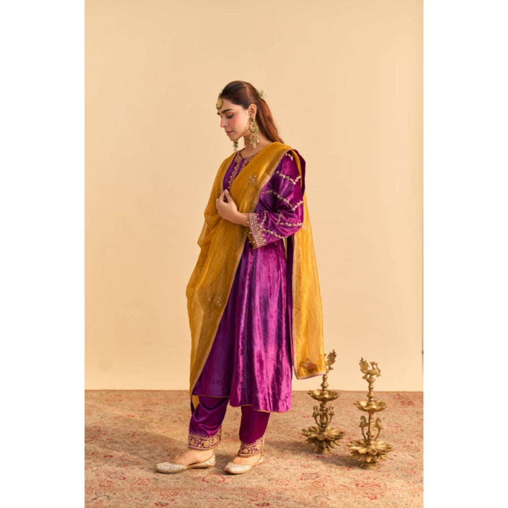 Sheetal Batra Azmiya Purple Velvet Embroidered Kurta With Salwar and Dupatta