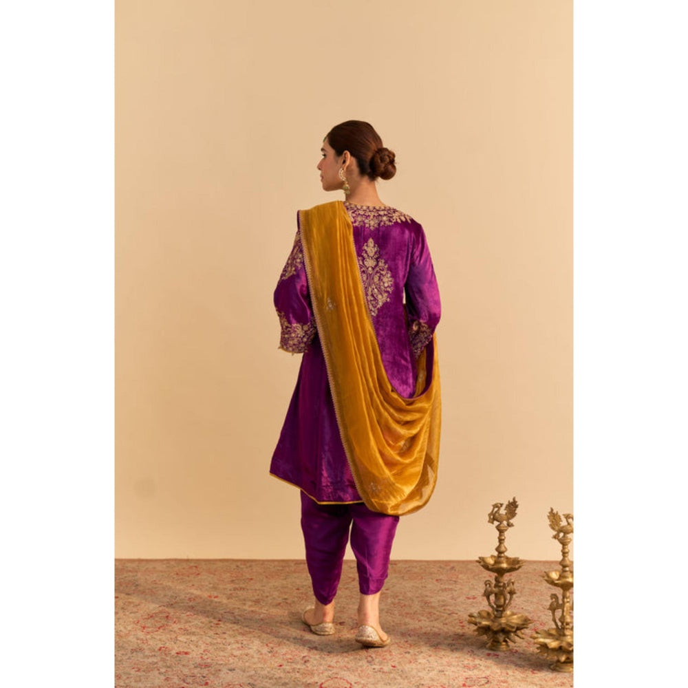 Sheetal Batra Eira Purple Velvet Embroidered Kurta With Dhoti and Dupatta