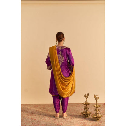 Sheetal Batra Eira Purple Velvet Embroidered Kurta With Dhoti and Dupatta