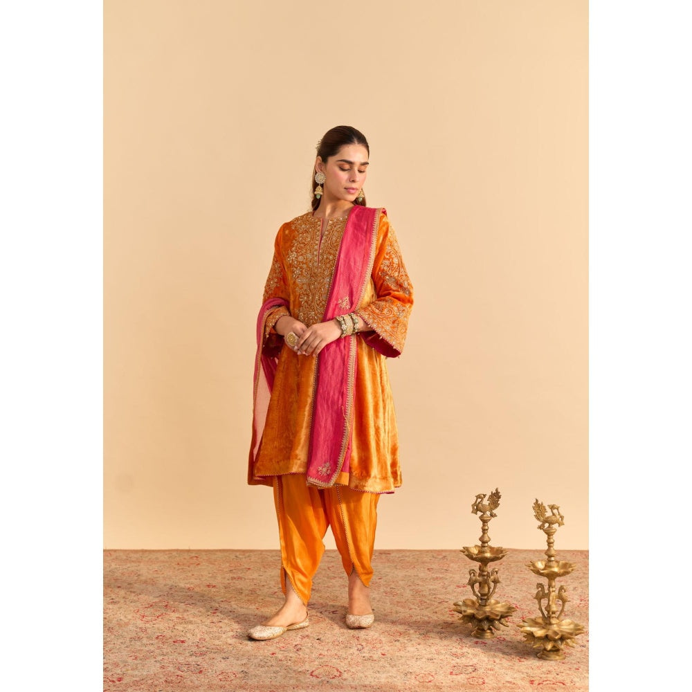 Sheetal Batra Eira Orange Velvet Embroidered Kurta With Dhoti and Dupatta