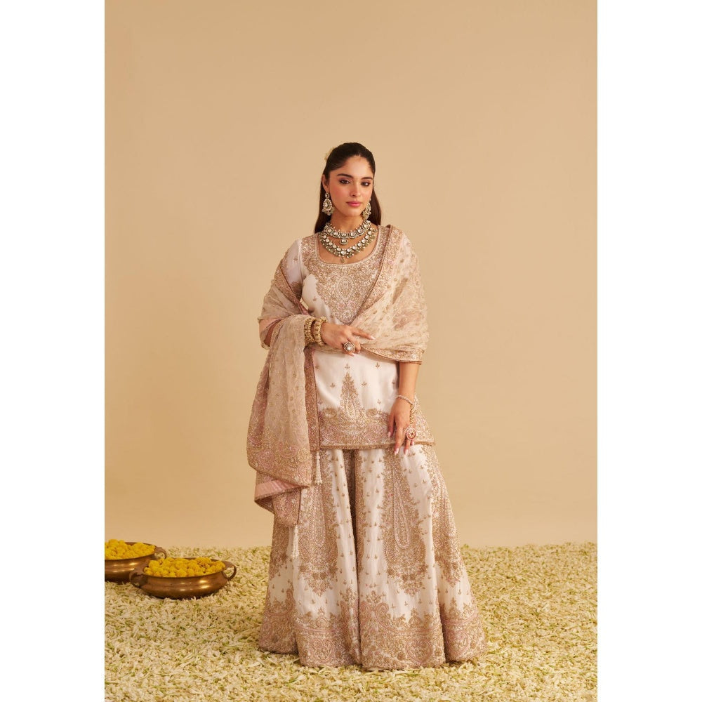 Sheetal Batra Alina Dabka Zardozi Embroidered Silk Daisy Ivory Kurta with Sharara and Dupatta