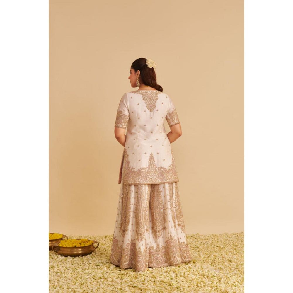 Sheetal Batra Alina Dabka Zardozi Embroidered Silk Daisy Ivory Kurta with Sharara and Dupatta