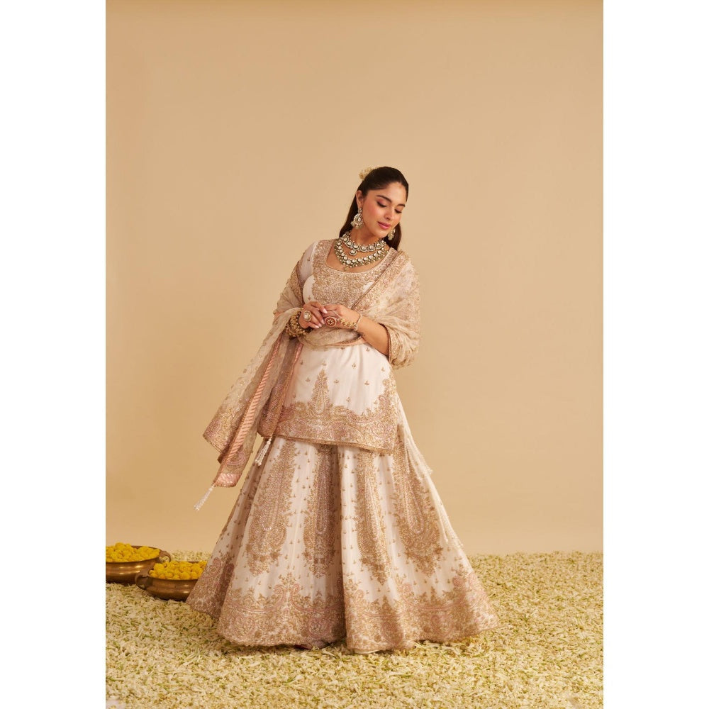 Sheetal Batra Alina Dabka Zardozi Embroidered Silk Daisy Ivory Kurta with Sharara and Dupatta