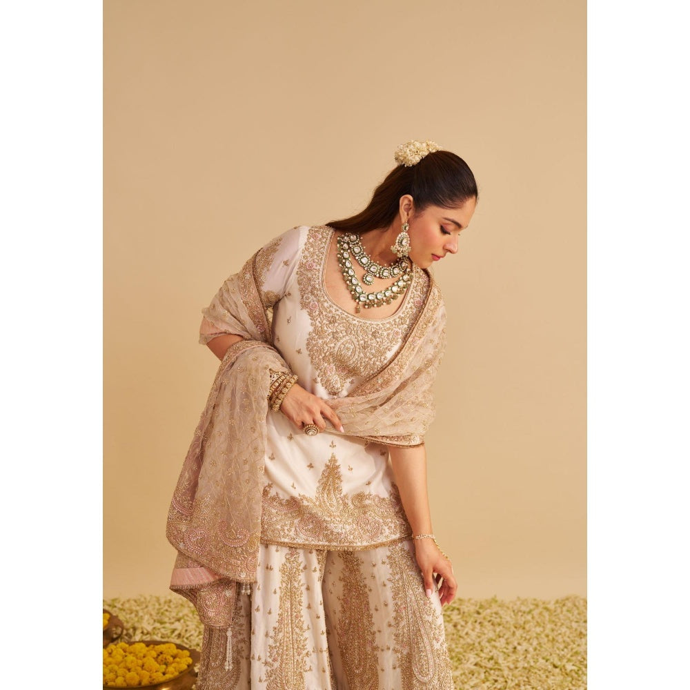 Sheetal Batra Alina Dabka Zardozi Embroidered Silk Daisy Ivory Kurta with Sharara and Dupatta