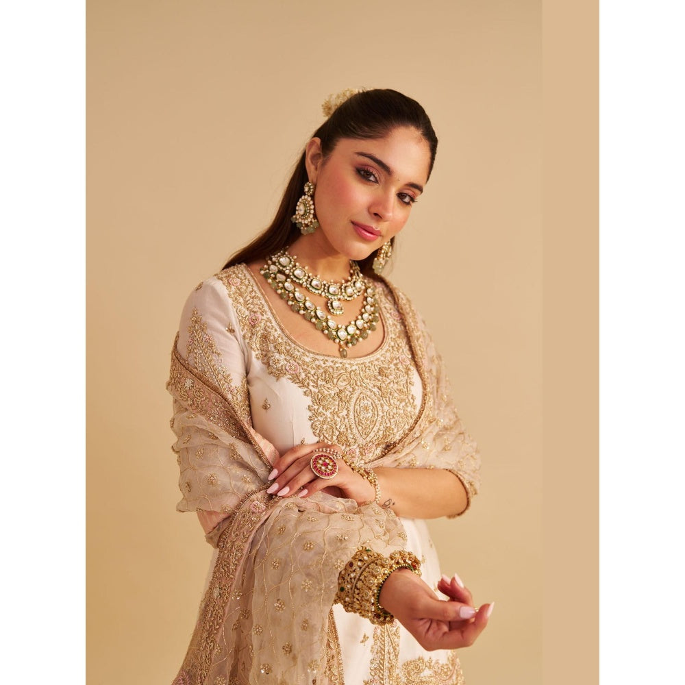 Sheetal Batra Alina Dabka Zardozi Embroidered Silk Daisy Ivory Kurta with Sharara and Dupatta