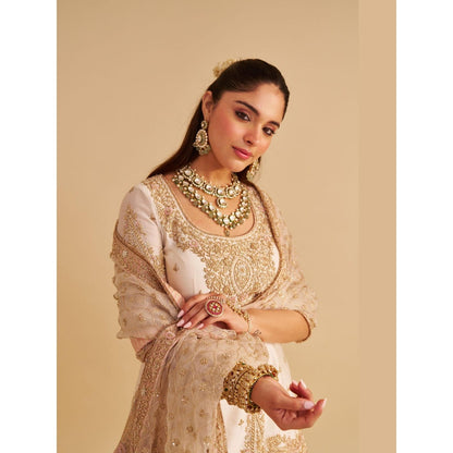 Sheetal Batra Alina Dabka Zardozi Embroidered Silk Daisy Ivory Kurta with Sharara and Dupatta