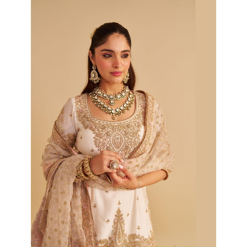 Sheetal Batra Alina Dabka Zardozi Embroidered Silk Daisy Ivory Kurta with Sharara and Dupatta