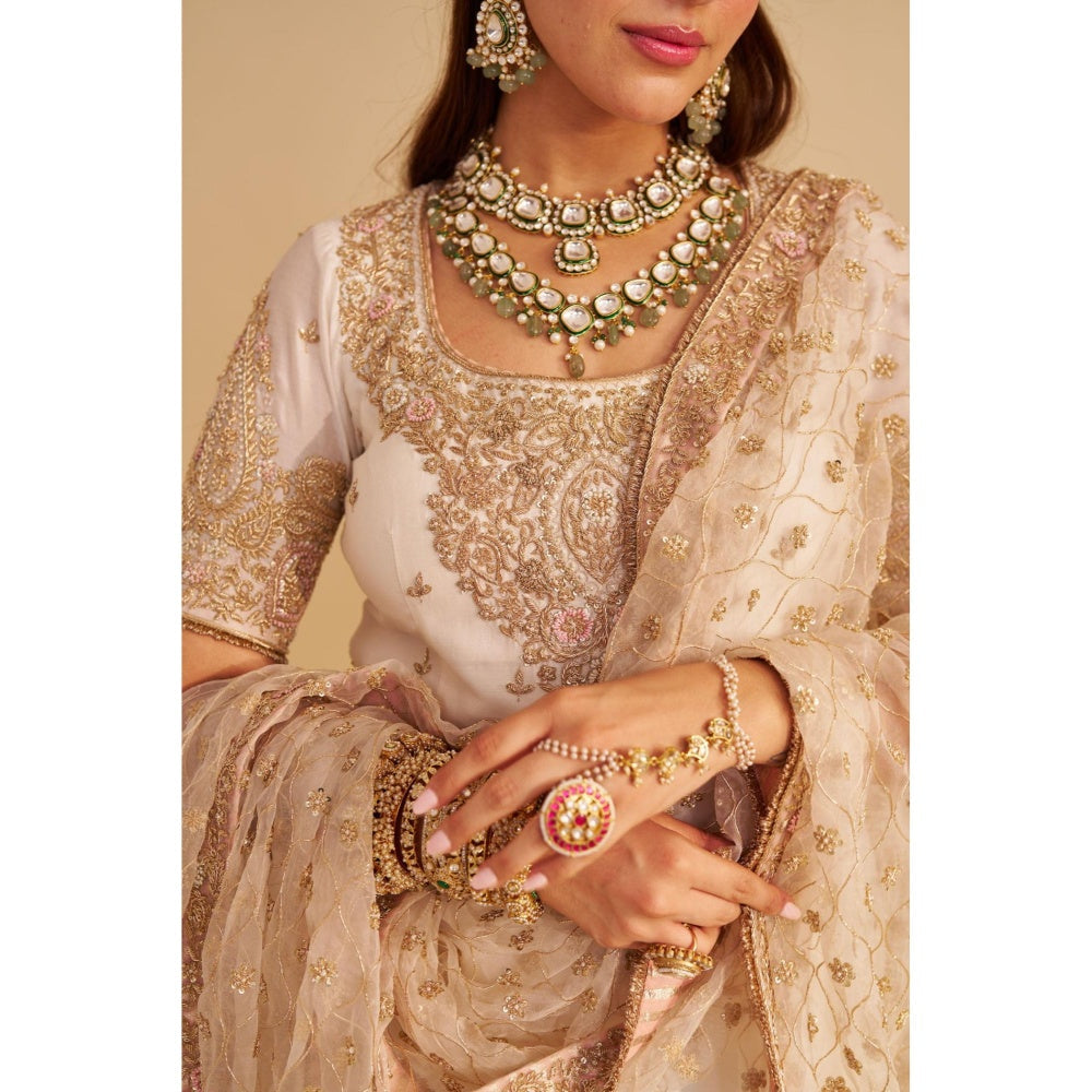 Sheetal Batra Alina Dabka Zardozi Embroidered Silk Daisy Ivory Kurta with Sharara and Dupatta
