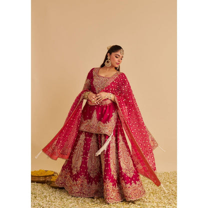 Sheetal Batra Alina Dabka Zardozi Embroidered Silk Hotpink Kurta with Sharara and Dupatta