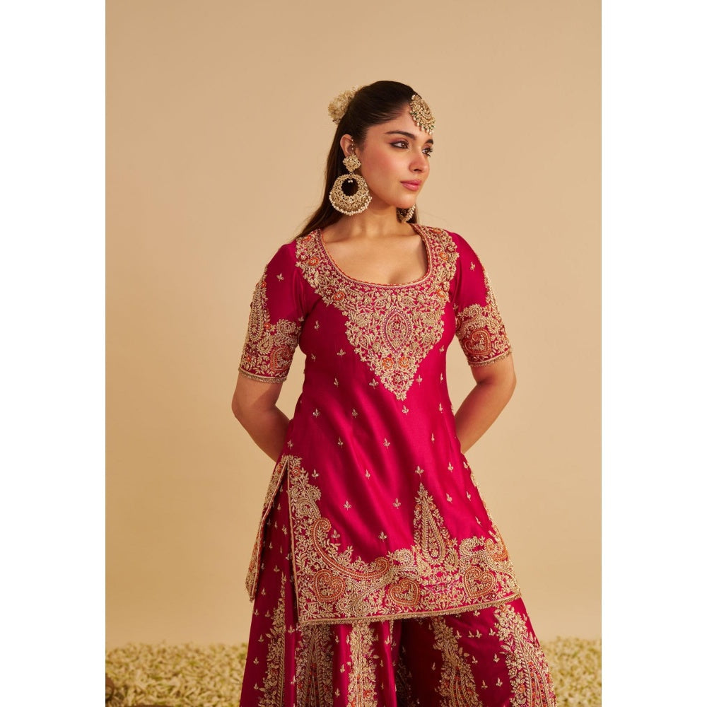 Sheetal Batra Alina Dabka Zardozi Embroidered Silk Hotpink Kurta with Sharara and Dupatta