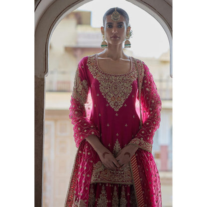 Sheetal Batra Alina Dabka Zardozi Embroidered Silk Hotpink Kurta with Sharara and Dupatta