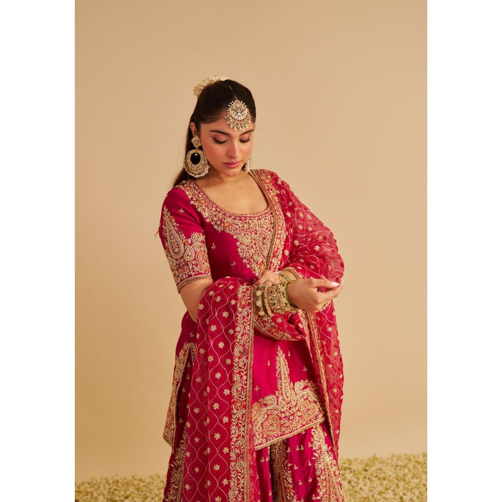 Sheetal Batra Alina Dabka Zardozi Embroidered Silk Hotpink Kurta with Sharara and Dupatta