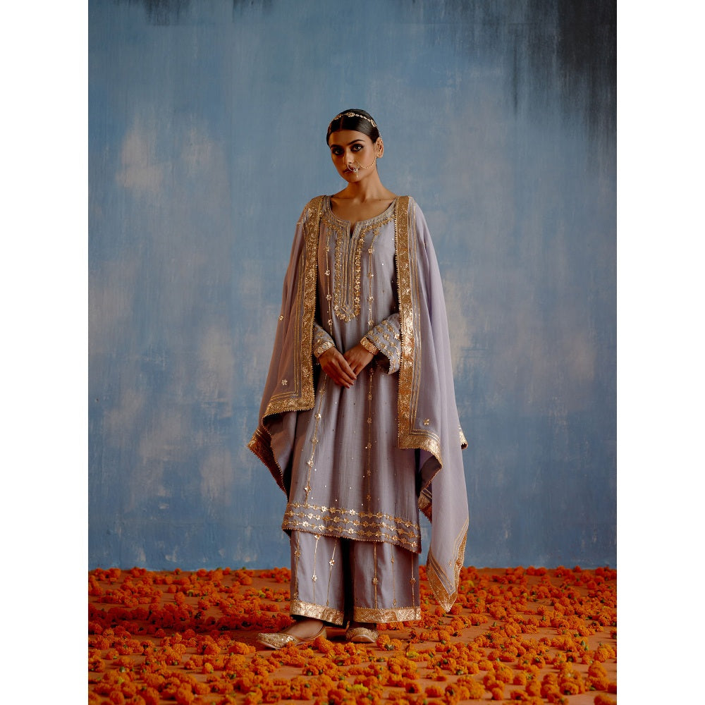 Shetab Kazmi Grey Karan Phool Full Sleeves Kurta with Palazzo and Dupatta (Set of 3)