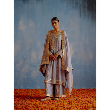 Shetab Kazmi Grey Karan Phool Full Sleeves Kurta with Palazzo and Dupatta (Set of 3)