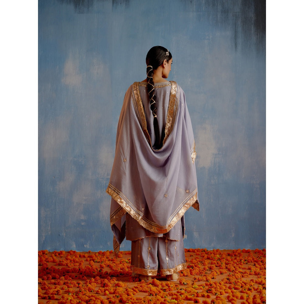 Shetab Kazmi Grey Karan Phool Full Sleeves Kurta with Palazzo and Dupatta (Set of 3)