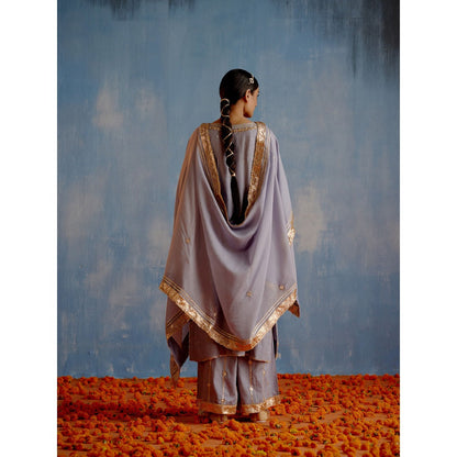 Shetab Kazmi Grey Karan Phool Full Sleeves Kurta with Palazzo and Dupatta (Set of 3)