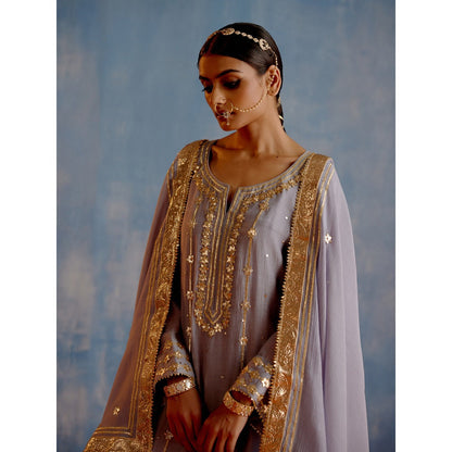 Shetab Kazmi Grey Karan Phool Full Sleeves Kurta with Palazzo and Dupatta (Set of 3)