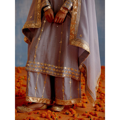 Shetab Kazmi Grey Karan Phool Full Sleeves Kurta with Palazzo and Dupatta (Set of 3)