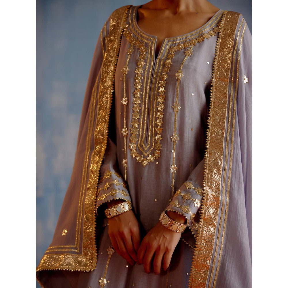 Shetab Kazmi Grey Karan Phool Full Sleeves Kurta with Palazzo and Dupatta (Set of 3)