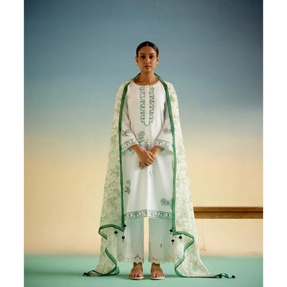 Shetab Kazmi White Meadow Kurta with Palazzo and Dupatta (Set of 3)