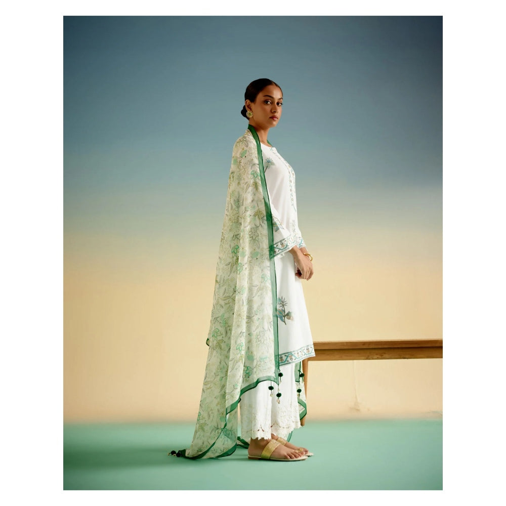 Shetab Kazmi White Meadow Kurta with Palazzo and Dupatta (Set of 3)