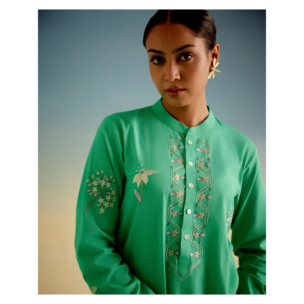 Shetab Kazmi Green Daisy Kurta with Palazzo and Dupatta (Set of 3)