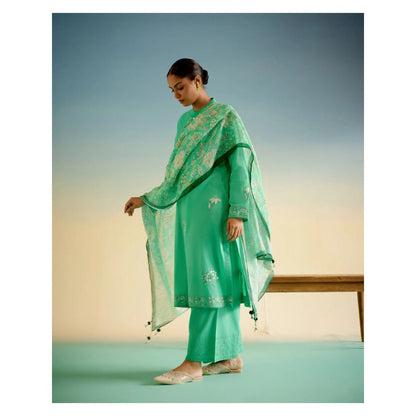 Shetab Kazmi Green Daisy Kurta with Palazzo and Dupatta (Set of 3)