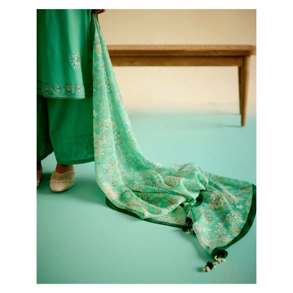 Shetab Kazmi Green Daisy Kurta with Palazzo and Dupatta (Set of 3)