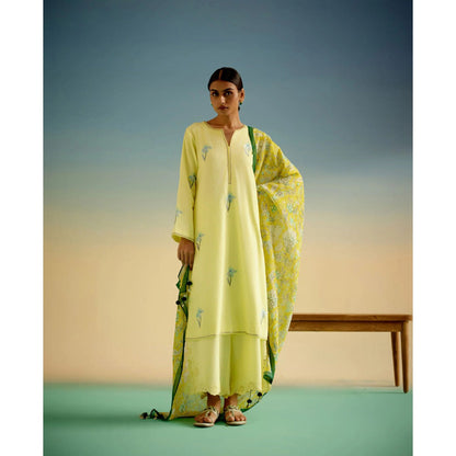 Shetab Kazmi Rosette Yellow Kurta with Palazzo and Dupatta (Set of 3)