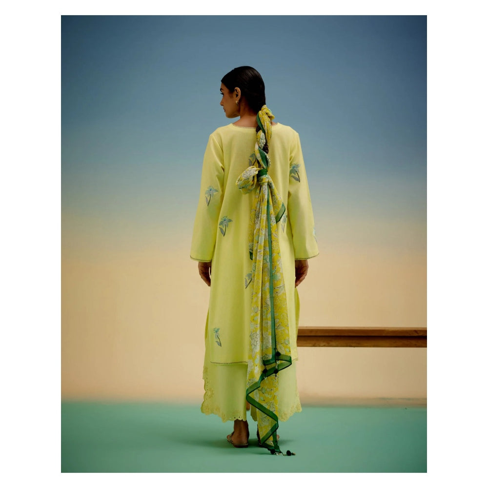 Shetab Kazmi Rosette Yellow Kurta with Palazzo and Dupatta (Set of 3)