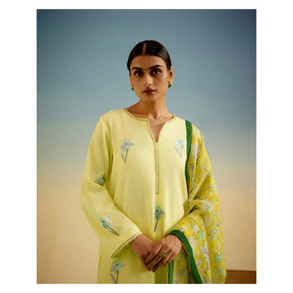 Shetab Kazmi Rosette Yellow Kurta with Palazzo and Dupatta (Set of 3)