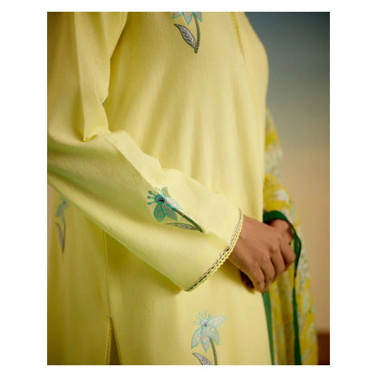Shetab Kazmi Rosette Yellow Kurta with Palazzo and Dupatta (Set of 3)