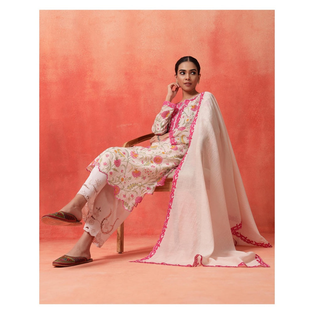 Shetab Kazmi White Elara Straight Kurta with Palazzo and Dupatta