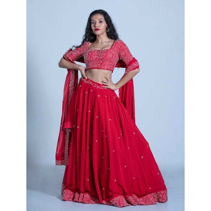 Shahmeen Husain Red Embroidered Lehenga And Choli With Dupatta (Set of 3)