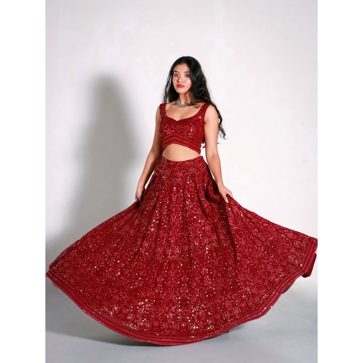 Shahmeen Husain Maroon Embellished Lehenga And Choli With Dupatta (Set of 3)