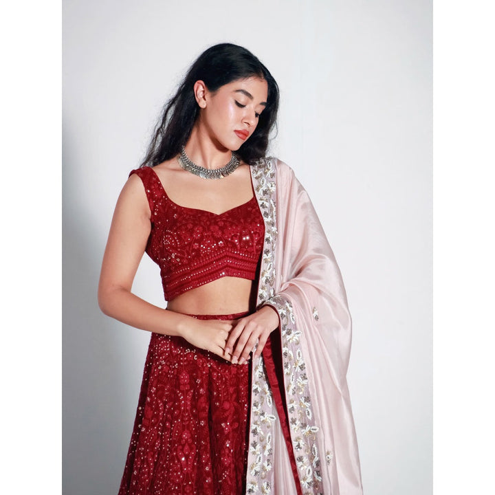 Shahmeen Husain Maroon Embellished Lehenga And Choli With Dupatta (Set of 3)