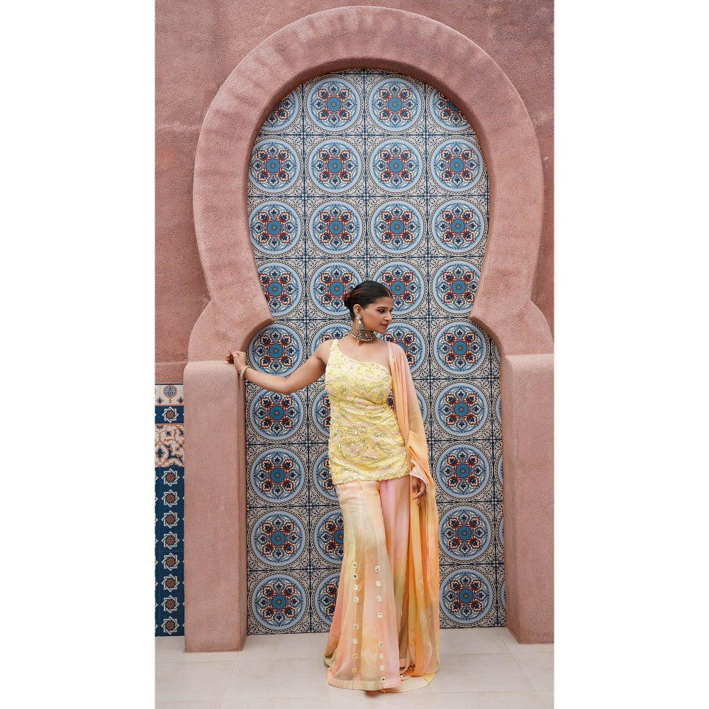 Shilpsutra Yellow Energy Rock Painted Top with Sharara and Dupatta