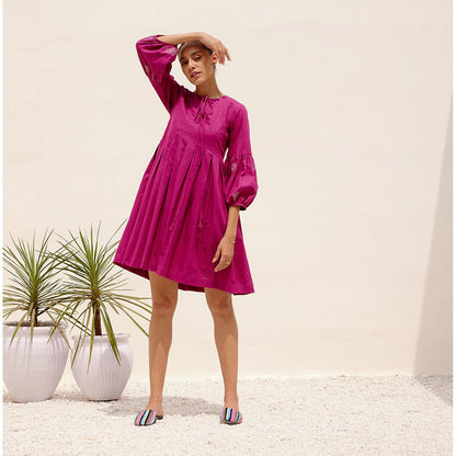 Shibui Mid Summer Embroidered Round Neck Magenta Dress
