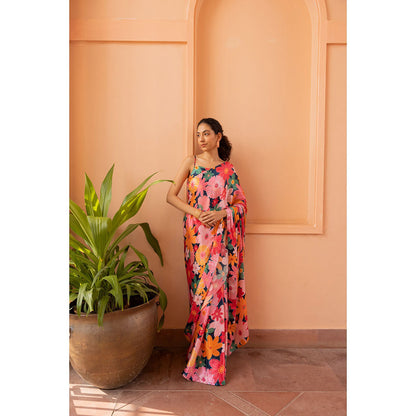 Shibui Rhythm Mosaic Pink Print Saree with Unstitched Blouse