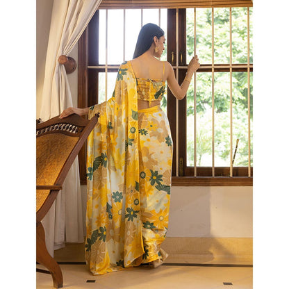Shibui Rhythm Mosaic Yellow Print Saree with Unstitched Blouse