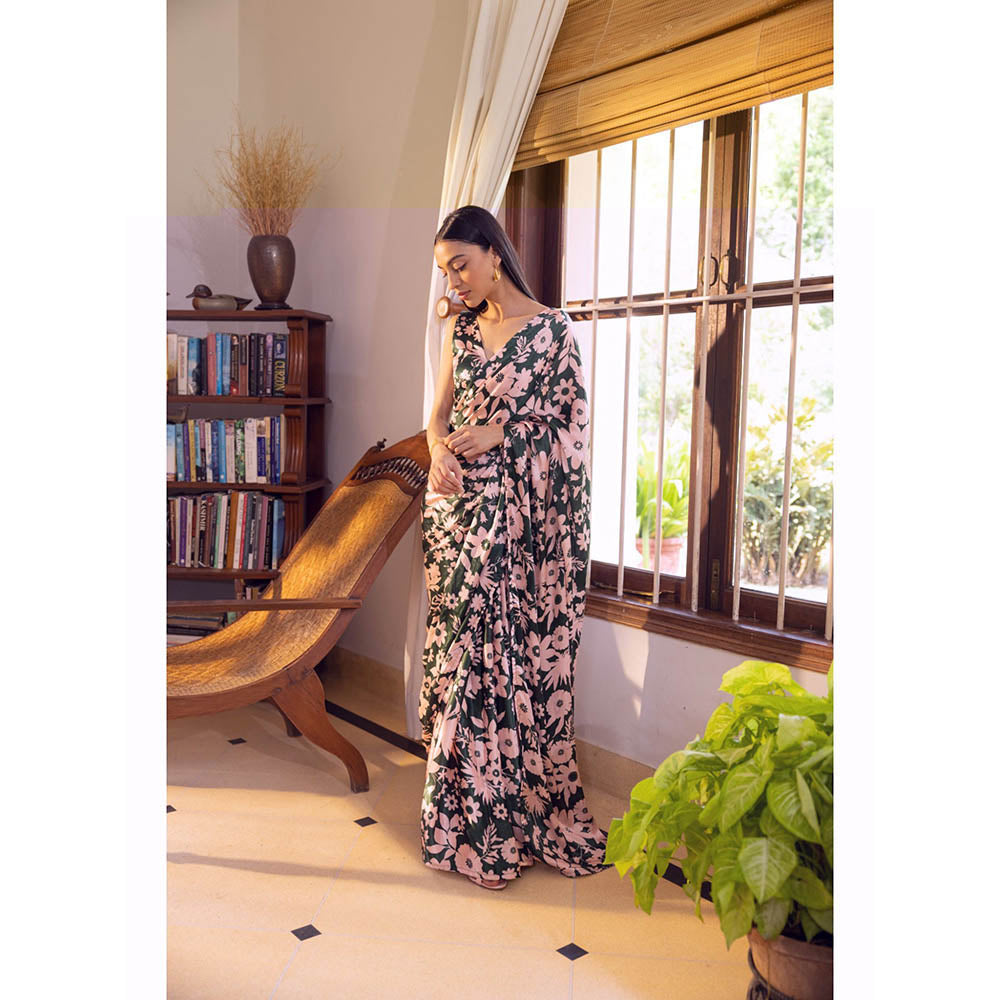 Shibui Rhythm Oasis Green Print Saree with Unstitched Blouse