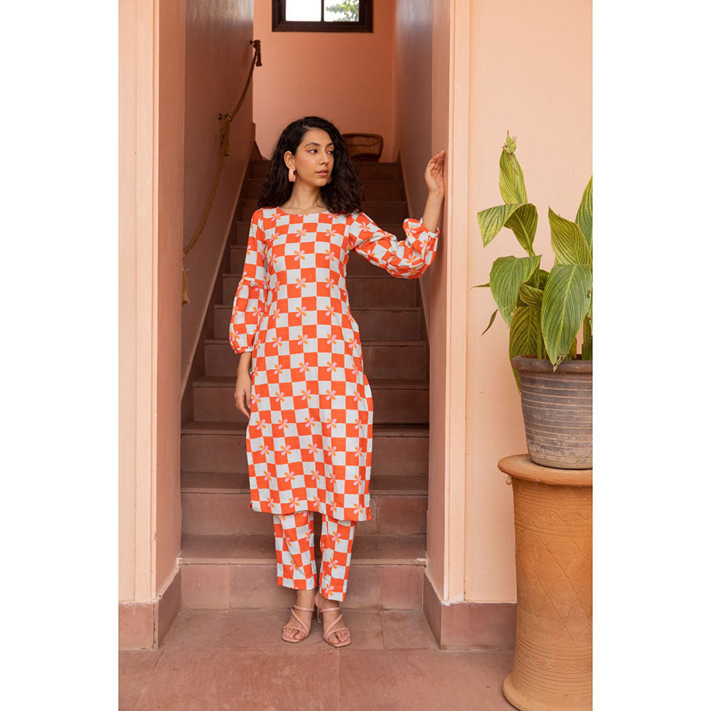 Shibui Bloom Peach Checks Kurta and Pant (Set of 2)