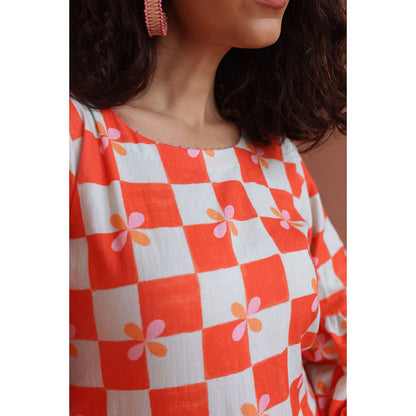 Shibui Bloom Peach Checks Kurta and Pant (Set of 2)