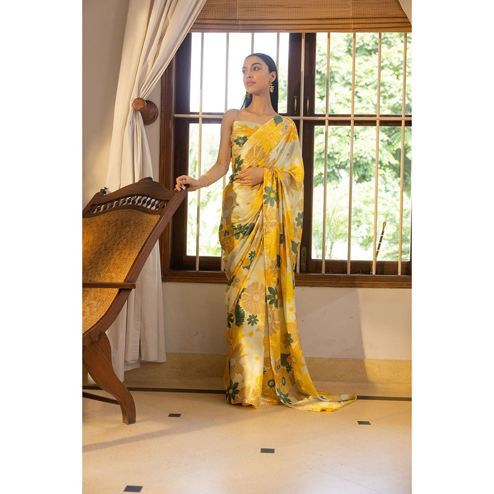 Shibui Rhythm Mosaic Yellow Print Saree with Stitched Blouse