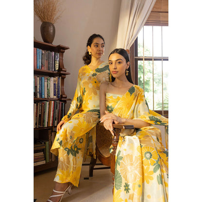 Shibui Rhythm Mosaic Yellow Print Saree with Stitched Blouse