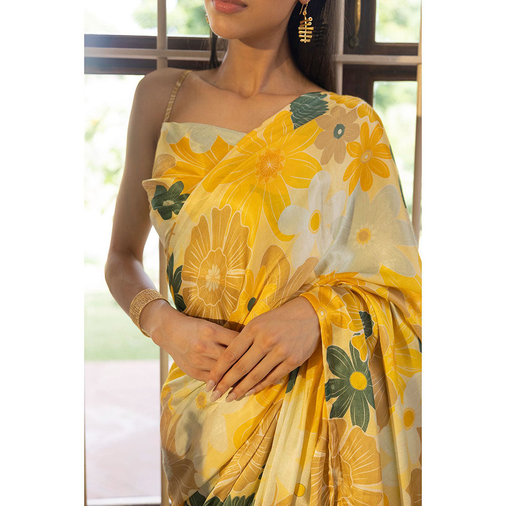 Shibui Rhythm Mosaic Yellow Print Saree with Stitched Blouse