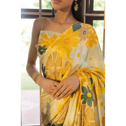 Shibui Rhythm Mosaic Yellow Print Saree with Stitched Blouse