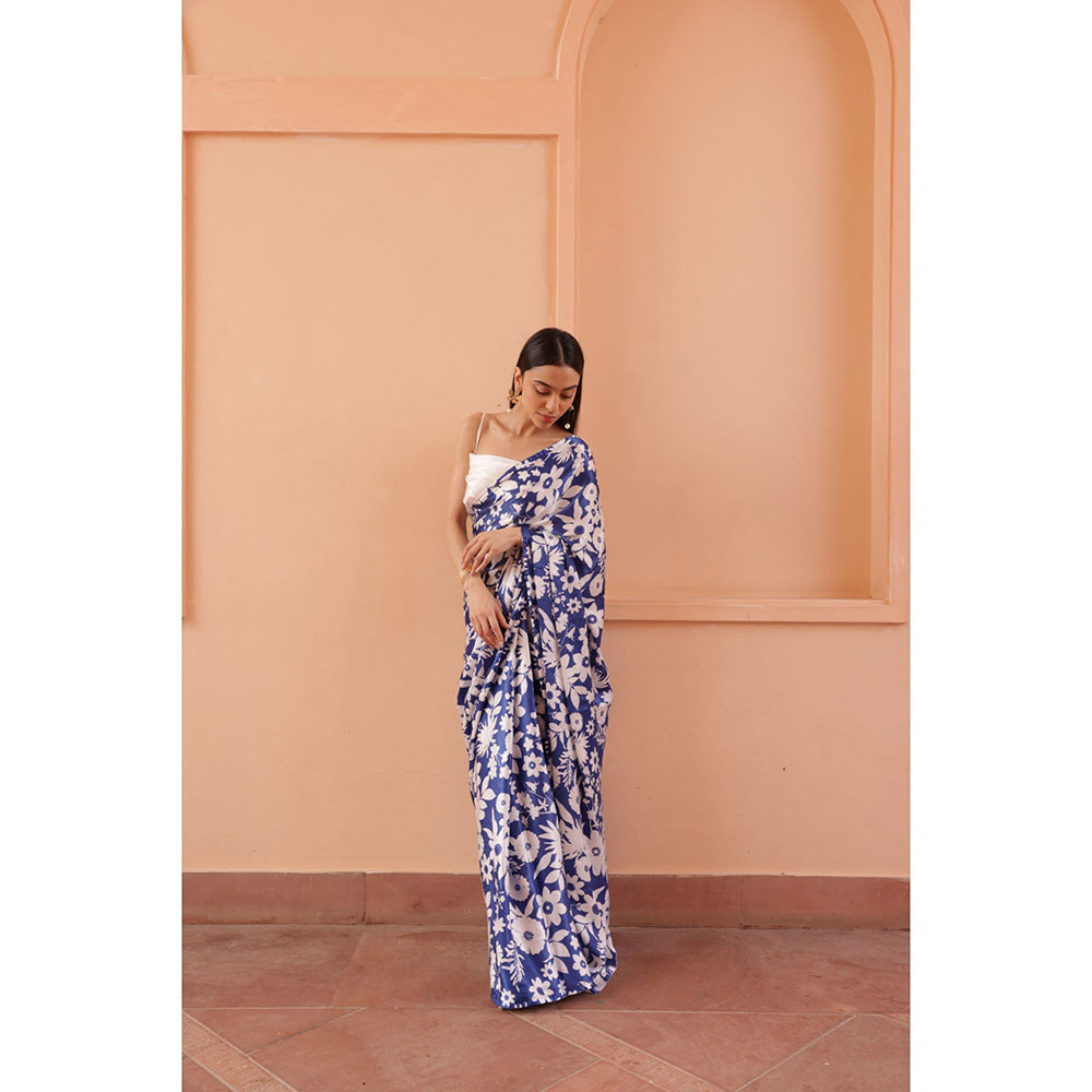 Shibui Rhythm Oasis Blue Print Saree with Stitched Blouse